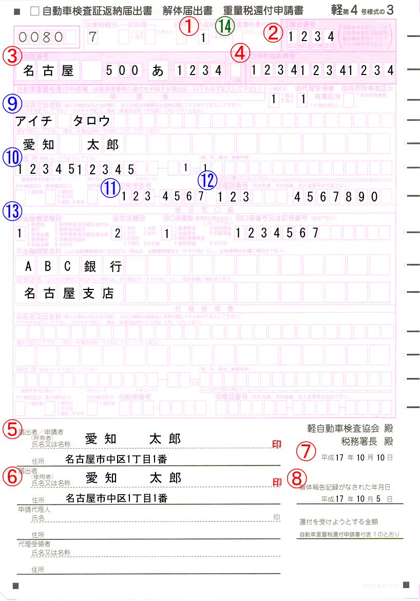 返納届け・解体届け・自動車重量税還付金サンプル